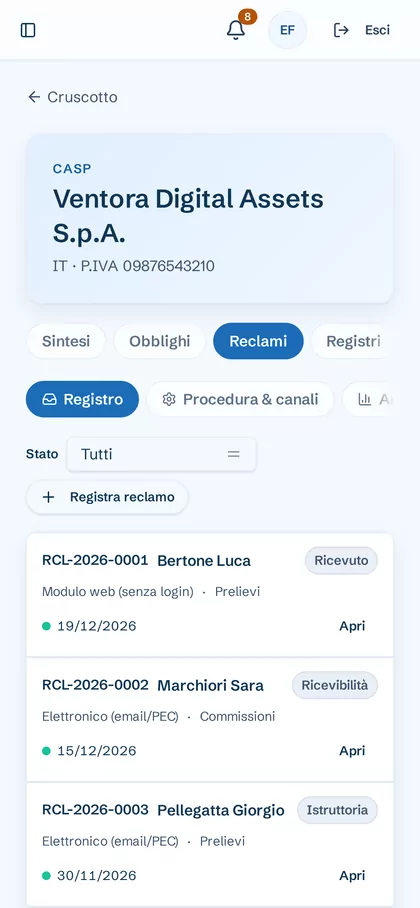 Registro reclami di Vigenza su telefono, con dati dimostrativi